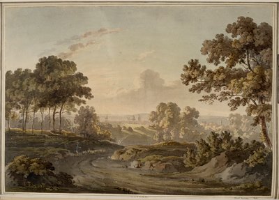 Oxford. Herder die schapen hoedt op weg naar Oxford, dat zichtbaar is aan de horizon verlicht door de gloed van de zonsondergang. door Paul Sandby