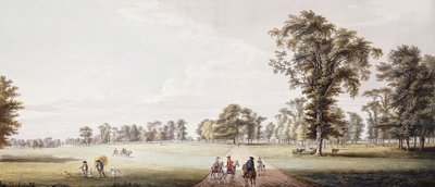 Ruiters in een laan in het park van Luton, met figuren in een phaeton en rustieke figuren links door Paul Sandby