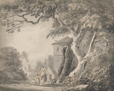 Romantisch Landschap met Figuren en een Hond door Paul Sandby
