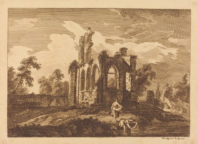 Ruïnes met twee vrouwen die kleren wassen in een rivier door Paul Sandby