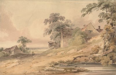 Landschap met Boerderij, Figuren en Vijver door Paul Sandby Munn