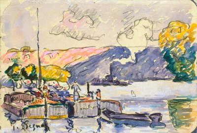 Twee schuiten, boot en sleepboot in Samois, ca. 1900 door Paul Signac