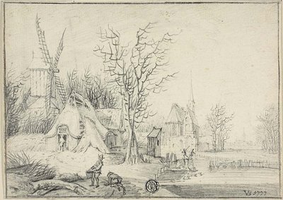 Dorp met molen en kerk door Paul Theodor van Brussel