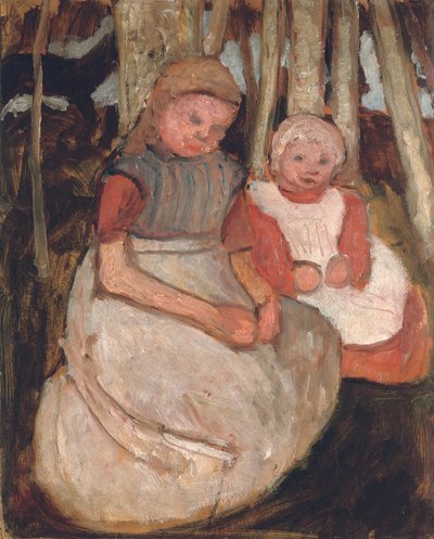 Twee Zittende Meisjes voor Berkenstammen door Paula Modersohn Becker