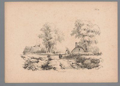 Landschap met twee huizen en twee figuren op een weg door Paulus Lauters