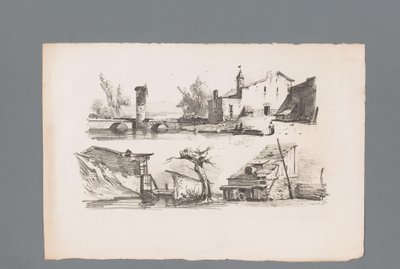 Twee gezichten op huizen (Beginselen van landschappen) door Paulus Lauters