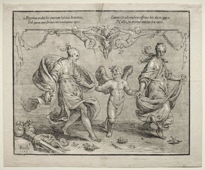 Cupido dansend met twee allegorische vrouwen door Paulus Moreelse