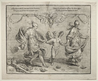Cupido danst met twee allegorische vrouwen, 1612 door Paulus Moreelse