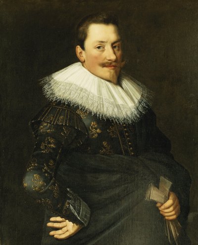 Portret van een Heer, Halflang, Dragend een Blauw Kostuum met Gouden Borduursel en een Witte Kanten Kraag door Paulus Moreelse