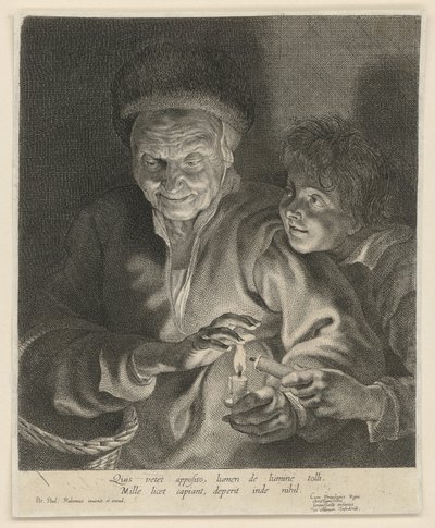 Oude vrouw en jongen met kaars door Paulus Pontius