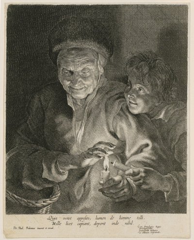 Oude vrouw en jongen met kaarsen door Paulus Pontius