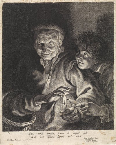 Oude vrouw en jongen met kaarsen door Paulus Pontius