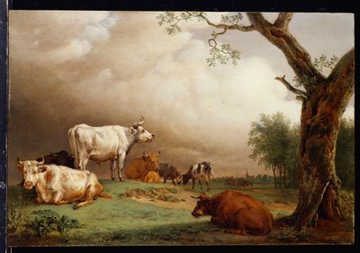Vee in een veld, met reizigers in een wagen op een pad verderop en een kerktoren in de verte, een regenbui nadert, 1652 door Paulus Potter