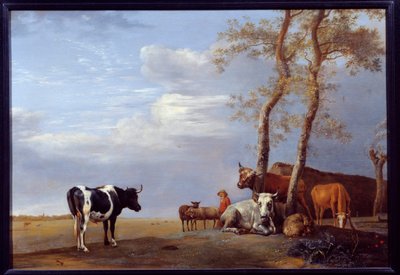 Landschap met boer en dieren door Paulus Potter