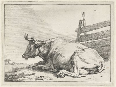 Liggende koe bij een hek (Het Bullenboekje) door Paulus Potter