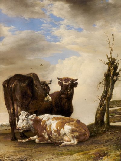 Twee koeien en een jonge stier naast een hek in een weiland door Paulus Potter
