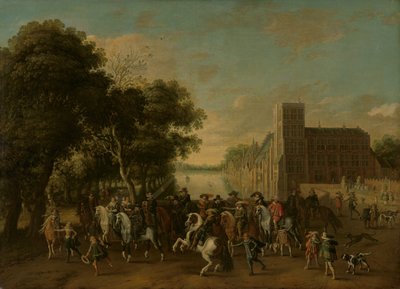 Prins Maurits, vergezeld door Prins Frederik Hendrik, Frederik V van Bohemen en zijn vrouw Elizabeth Stuart, en anderen, op het Buitenhof, Den Haag door Pauwels van Hillegaert