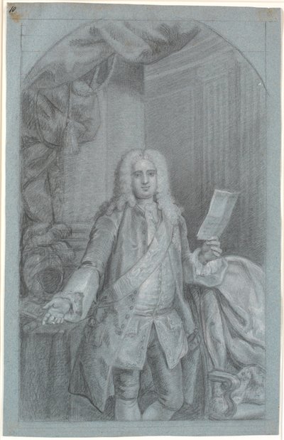 Portretstudie (kniehoogte) van een staande man met rechterarm op een tafel met helm, en in de linkerhand een document. Ordeband met olifant en een ster links van het band (blauwe ridder) door Peder Als