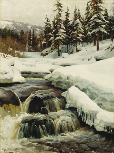 Een winterlandschap met een bergstroom door Peder Monsted
