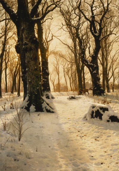 Een Bosachtig Winterlandschap met Herten door Peder Monsted