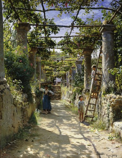 In de Schaduw van een Italiaanse Pergola, Een Warme Middag in Anacapri door Peder Monsted
