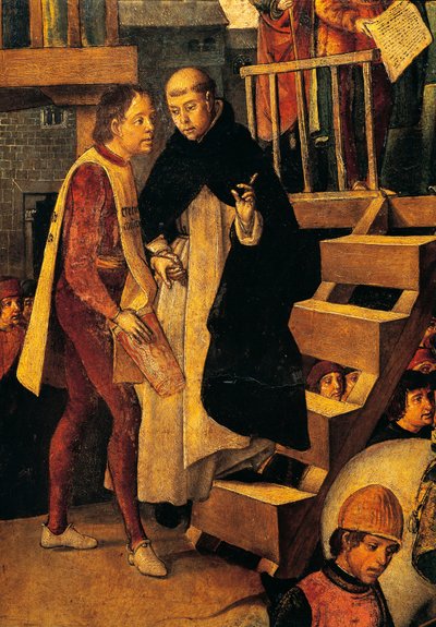 Veroordeelde man gaat naar de rechtbank van de Inquisitie, detail van Autodafe voorgezeten door San Domenico Guzman door Pedro Berruguete door Pedro Berruguete