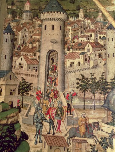 Sint Jordi Altaarstuk, detail van de verovering van de stad Majorca door het leger van James I door Pedro Nisart