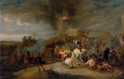 Een cavaleriegevecht met soldaten die een dorp plunderen door Peeter Snayers