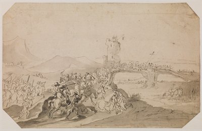 Slagveld in landschap met brug over een rivier door Peeter Snayers