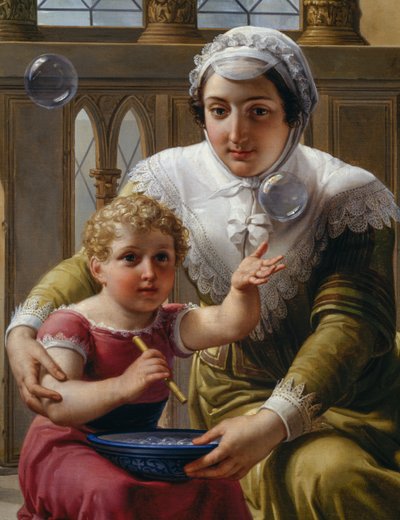 Vrouw met kind en zeepbellen (detail) door Pelagio Palagi
