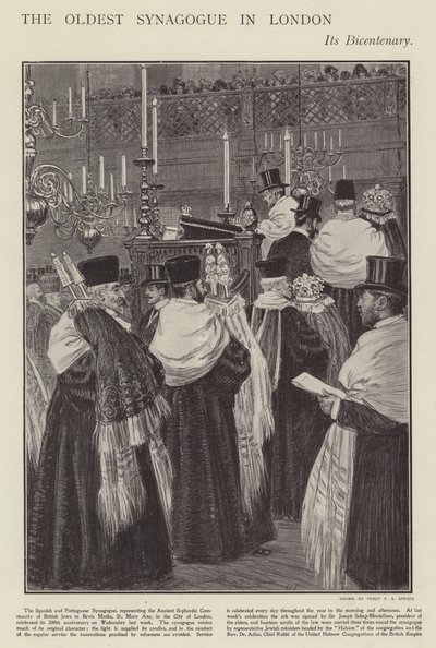 Tweehonderdjarig bestaan van de Spaanse en Portugese synagoge, de oudste synagoge in Londen (litho) door Percy F.S. (after) Spence