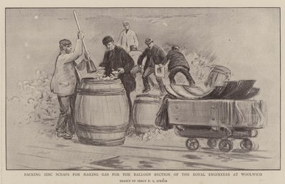 Zinkschroot inpakken voor het maken van gas voor de Ballonsectie van de Royal Engineers in Woolwich door Percy F.S. Spence