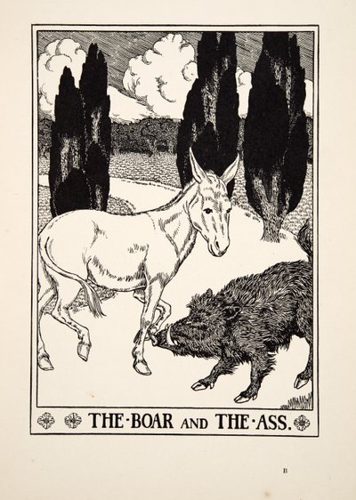 Het everzwijn en de ezel, uit Honderd fabels van Aesopus door Percy J. Billingshurst