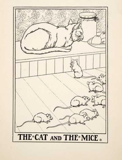 De Kat en de Muizen, uit Honderd Fabels van Aesopus, uitgegeven 1903 (gravure) door Percy J. Billingshurst