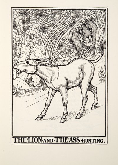 De Leeuw en de Ezel op Jacht, uit Fontaine Fabels, uitgegeven 1905 door Percy J. Billingshurst