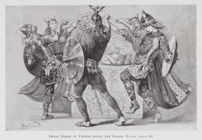 Dansen: Zwaarddans van Vikingen rond de Heilige Hoorns, circa 900 door Percy Macquoid