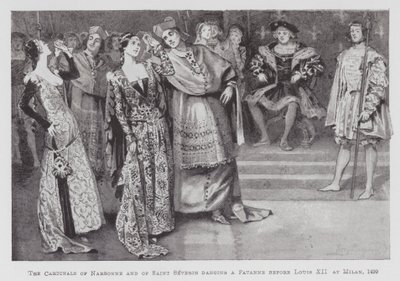 Dansen: De kardinalen van Narbonne en Saint Severin dansen een Pavanne voor Lodewijk XII in Milaan door Percy Macquoid