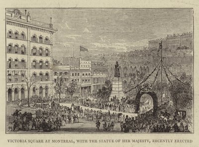 Victoria Square in Montreal, met het standbeeld van Hare Majesteit, onlangs opgericht door Percy William Justyne