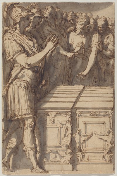 Alexander wijdt de altaren voor de twaalf Olympische goden in door Perino del (1501-47) Vaga