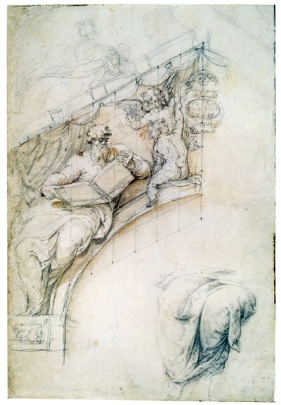 Decoratie van een muur boven een ingangboog met een profeet en twee putti, c1525 door Perino del Vaga