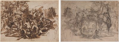 Poros aangevallen door het Macedonische leger (recto); Schetsen van dieren (verso) door Perino del Vaga