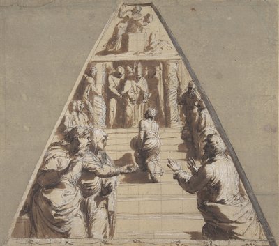 Presentatie van de Maagd in de Tempel beneden, Abraham op het punt om Isaac te offeren boven, 1520 door Perino del Vaga