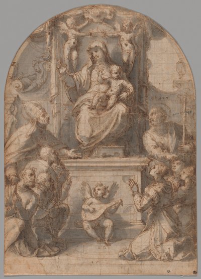 De Maagd op de troon met heiligen Gregorius en Jacobus, en een familie van schenkers door Perino del Vaga