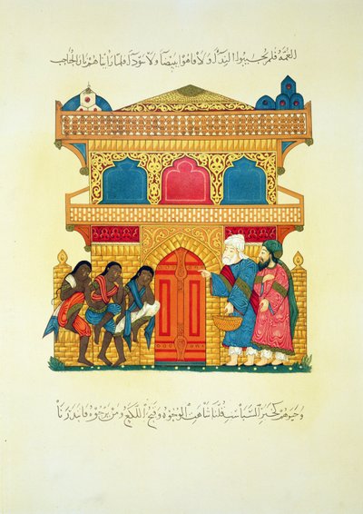 Een chalet, scène uit een manuscript van de Maqamat van Al-Hariri, gegraveerd door Lestel, gepubliceerd door Lemercier, Parijs door Persian School
