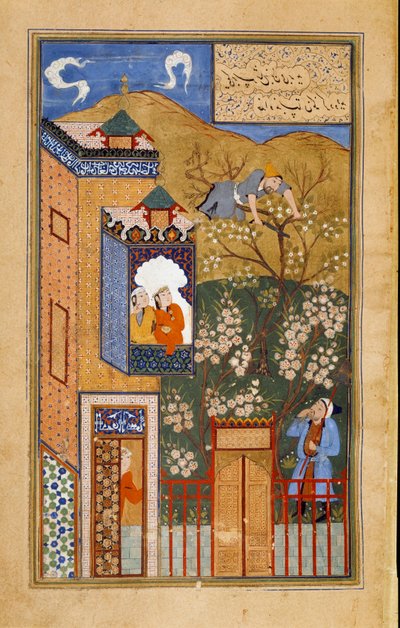 Een dwaas zaagt de tak door waarop hij zit onder het oog van de tuinman Pagina uit het Perzische manuscript ms. 1187 (fol 27v) kopie in Bukhara rond 1540-1557. Parijs, B.N. door Persian School