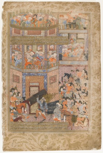 Ali heft de poorten van Qamus op, uit een Rawzat al-safa, 1571-72 door Persian School