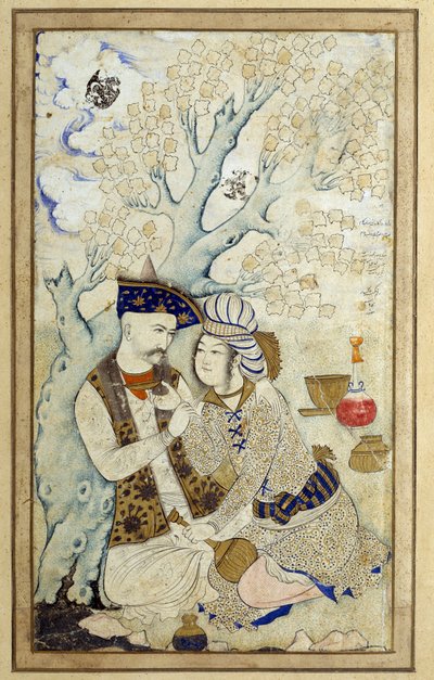 Islamitische kunst: Portret van Shah Abbas I die een van zijn pages omhelst door Persian School
