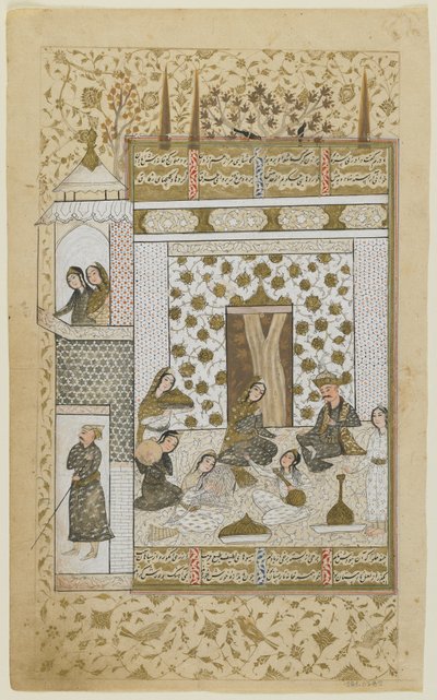 Bahram Gur en de prinses in het witte paviljoen, uit een Khamsa, ca. 1600-10 door Persian School