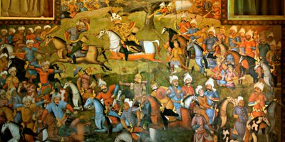 Slag bij Taher-Abad of Slag bij Merv met overwinning van Shah Ismail I op Muhammad Shaybani Khan, Ontvangsthal, Chehel Sotun, 1647 door Persian School
