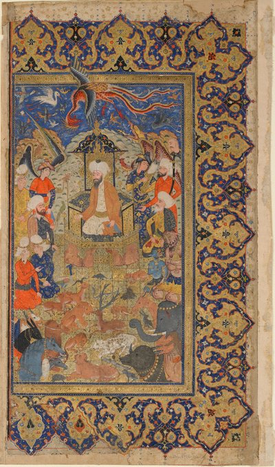 Folio uit Shahnama (Boek der Koningen) door Firdawsi; Sulayman op een troon door Persian School
